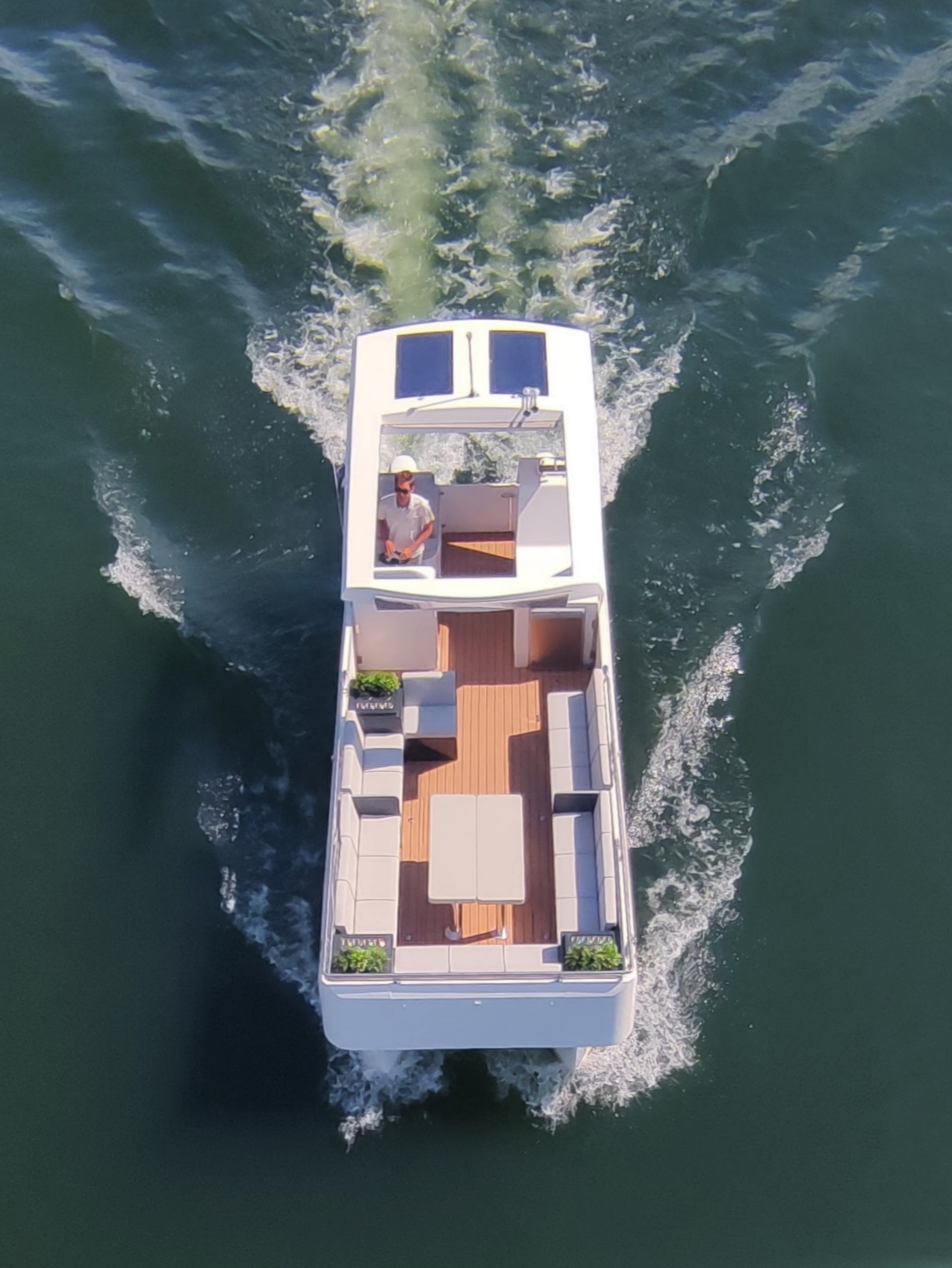 Top view of luxury pontoon boat in Paris